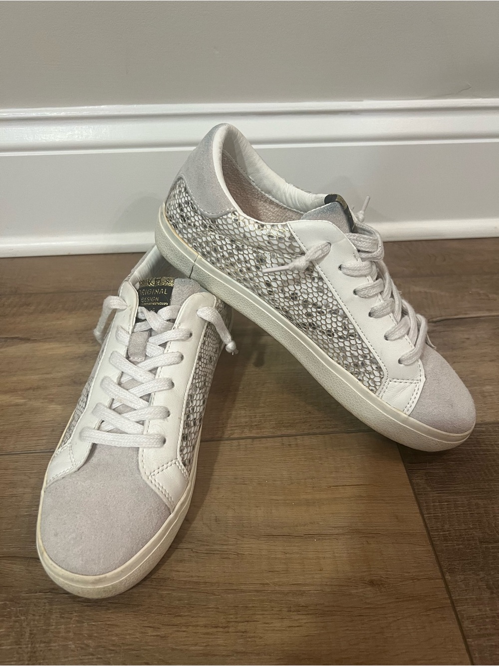 Vintage Havana “Kate” White and Light Gray Suede Snake-Print Low-Top Sneakers